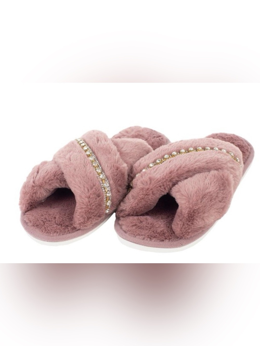 Faux fur criss-cross slippers with  rhinestone accents size 38-39 NIB